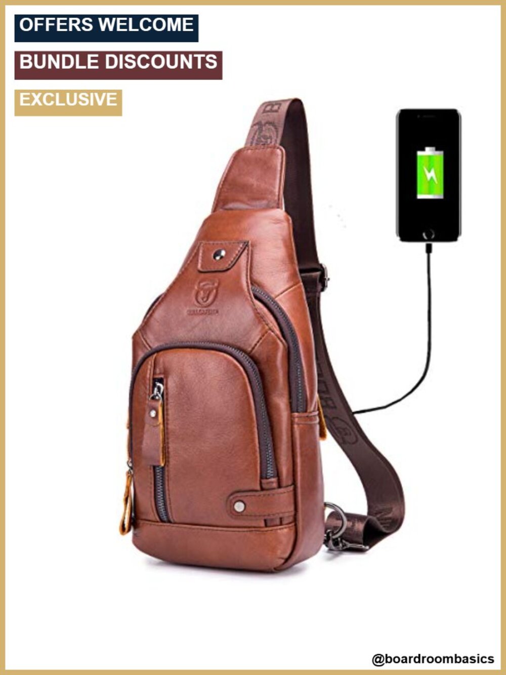 Genuine Leather Sling Bag Crossbody Backpack USB Port Earphone Hole